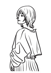 Artistic Gaze: An artistic monochrome sketch of a woman with stylish hair, showcasing a serene facial expression and stylish clothing.