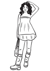 Girl in Style: A fashion-forward sketch of a young girl strikes a pose in trendy attire. Her attire consists of a strapless dress, rain boots, and a sling bag.