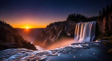 Waterfall plunging into canyon, sunset rays piercing through valley, starry night