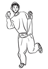 The Joy of a Running Drink Carrier: A single line drawing shows a person cheerfully carrying a cup and package with enthusiasm. A symbol of dedication.