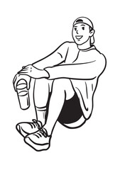 Relaxation in Black and White: A sporty person, casually attired in a cap and athletic gear, pauses to relax and refresh, holding a refreshing drink in a sketch-like illustration.