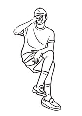 Line Art Resting Moment: Simple line art depicts a person enjoying refreshment, a moment of casual relaxation and rejuvenation.