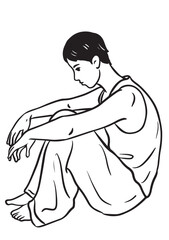 Serene Contemplation: A monochrome illustration captures a person lost in thought, curled inward in a pose of quiet reflection.