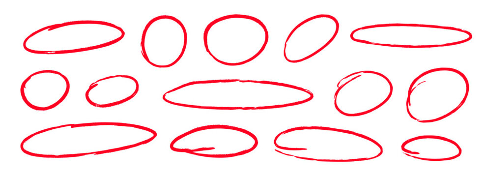 Red hand drawn circle set. Ellipse, round and oval sketched frame collection. Encircle element pack. Red marker note signs for mark, emphasis, accent, highlight. Scribbled doodle borders. Vector