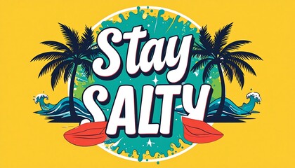 Tropical summer beach vibes illustration with 'Stay Salty' text and surfboards