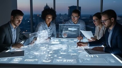 Business team collaborating on a futuristic digital table with data visualizations at dusk - Powered by Adobe
