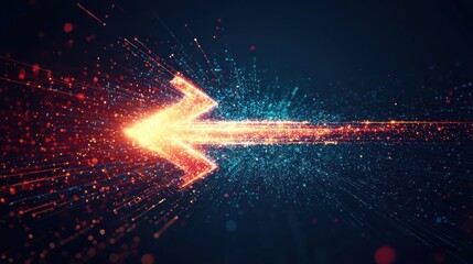 One abstract big glowing speed-up arrow on a dark background. Business growth, success, high results, investment growth, development progress, financial company statistics, and start-up concept