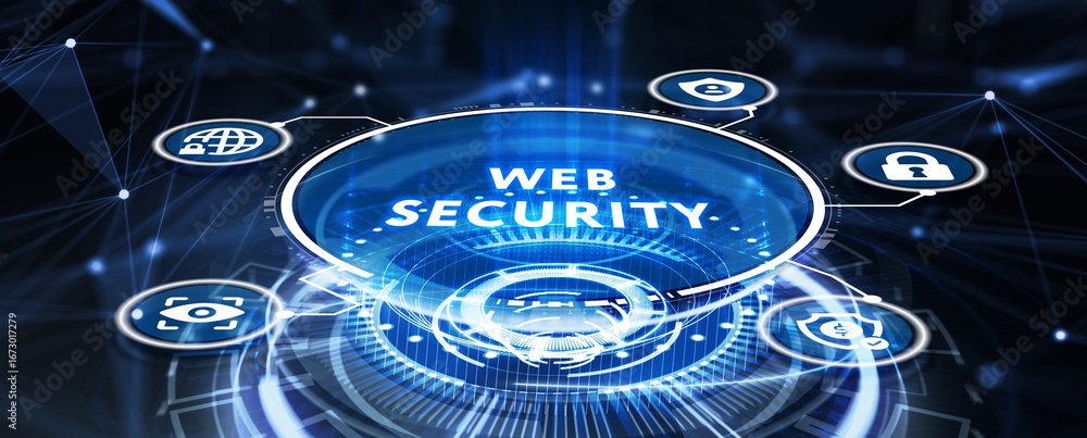 Poster web security. cyber security, computer data encryption and internet protection. 3d illustration
