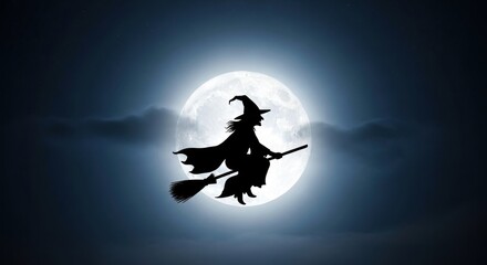 Witch silhouette flying on broom against a full moon in a night sky with wispy clouds