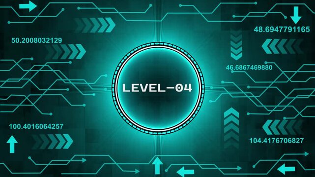Level-04 text glowing animation with technology background. Level-04 text glowing animation. technology abstract background of animation concepts.