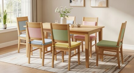 Warmly lit dining room with wooden table and chairs with pastel-colored backs and seats