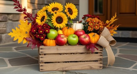 Festive autumn display in a wooden crate features apples, pumpkins, sunflowers, mums, and decorative leaves