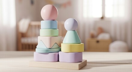 Pastel-colored stacking toys on a light wooden surface, in a soft-toned nursery