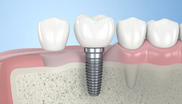 Extraction and Implantation, complex immediate surgery. Medically accurate 3D illustration of dental treatment.teeth, dentistry, dental, dentist, recovery, render, surgery, crown, dent, Generative Ai