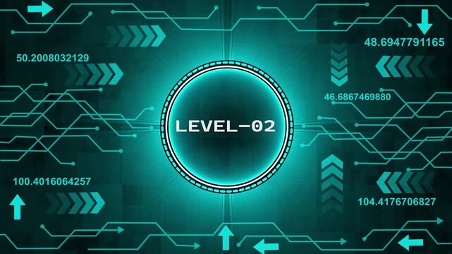 Level-02 text glowing animation with technology background. Level-02 text glowing animation. technology abstract background of animation concepts.