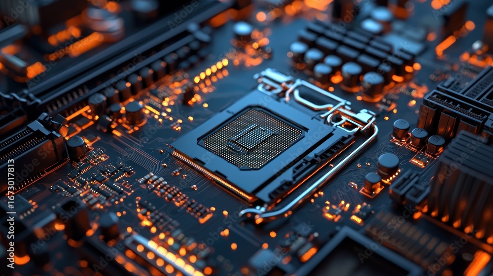 Poster close-up of a cpu socket on a glowing motherboard.