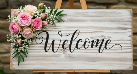 Rustic wooden welcome sign adorned with pink roses and baby's breath