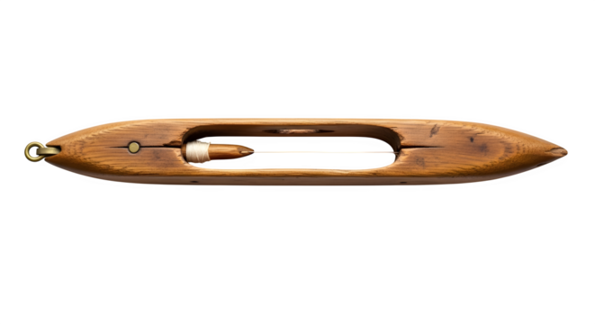 Vintage wooden weaving shuttle isolated on transparent background, a traditional tool for textile craft with thread and bobbin
