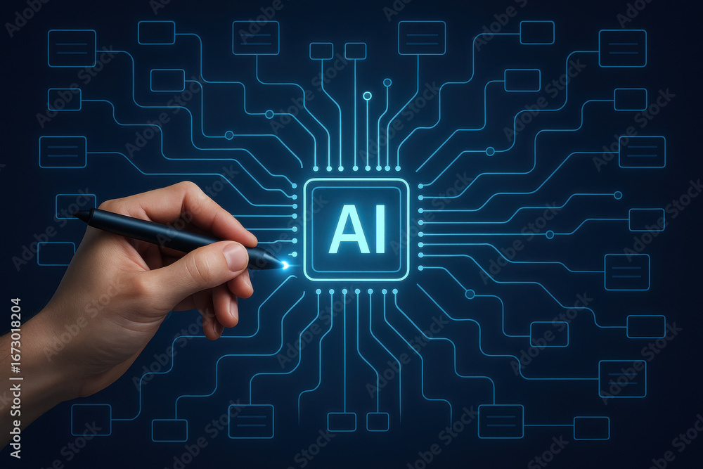 Poster artificial intelligence concept with hand drawing digital circuit and ai chip