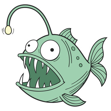 A large mouth full of sharp, pointed teeth and big, wide eyes that give it a startled expression. A long, thin rod with a glowing lure hangs over its head. The fish is a light greenish-gray color.
