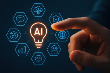 Artificial intelligence concept with glowing light bulb and hand pointing