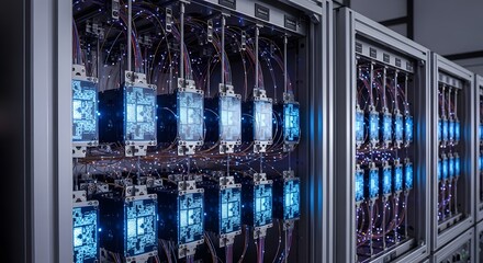 Rows of advanced server racks with glowing blue lights in a modern data center facility.