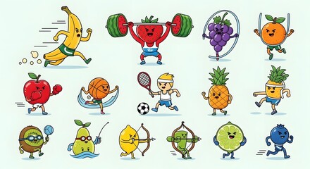 Fun Cartoon Fruits Exercising and Playing Diverse Sports, Promoting a Healthy Lifestyle.