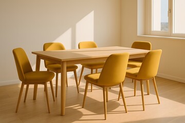 Modern Wooden Dining Table with Yellow Chairs in a Bright, Cozy Home Interior Featuring Minimalist Decor and Natural Light
