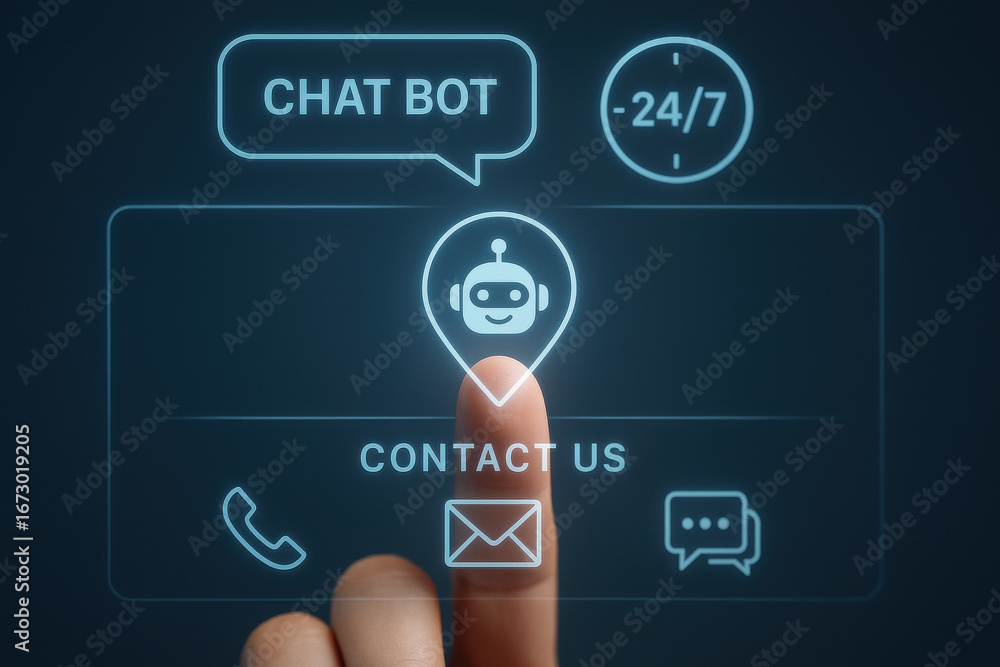 Poster chatbot interface with contact options and 24/7 support glowing on screen