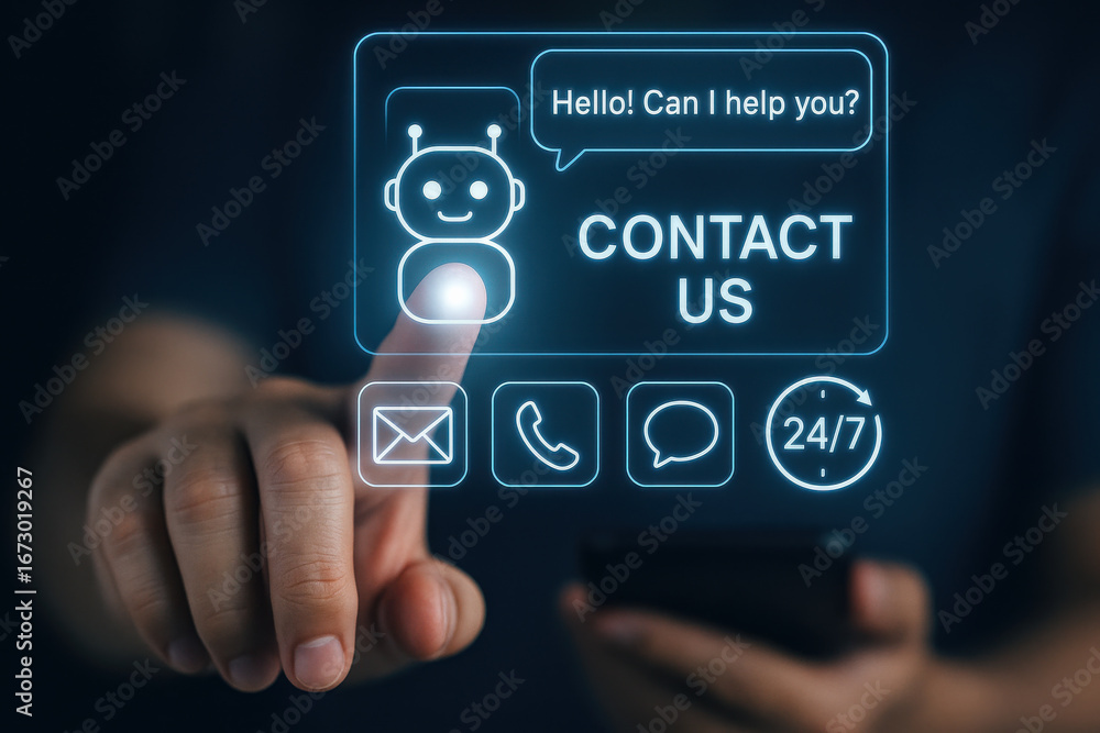 Poster contact us chatbot interface with finger pointing and communication icons for support