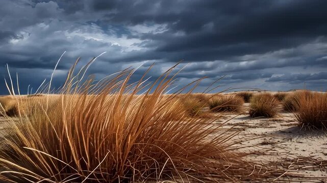 Dark and moody beach scene under a cloudy sky with waves gently lapping at the shoreline