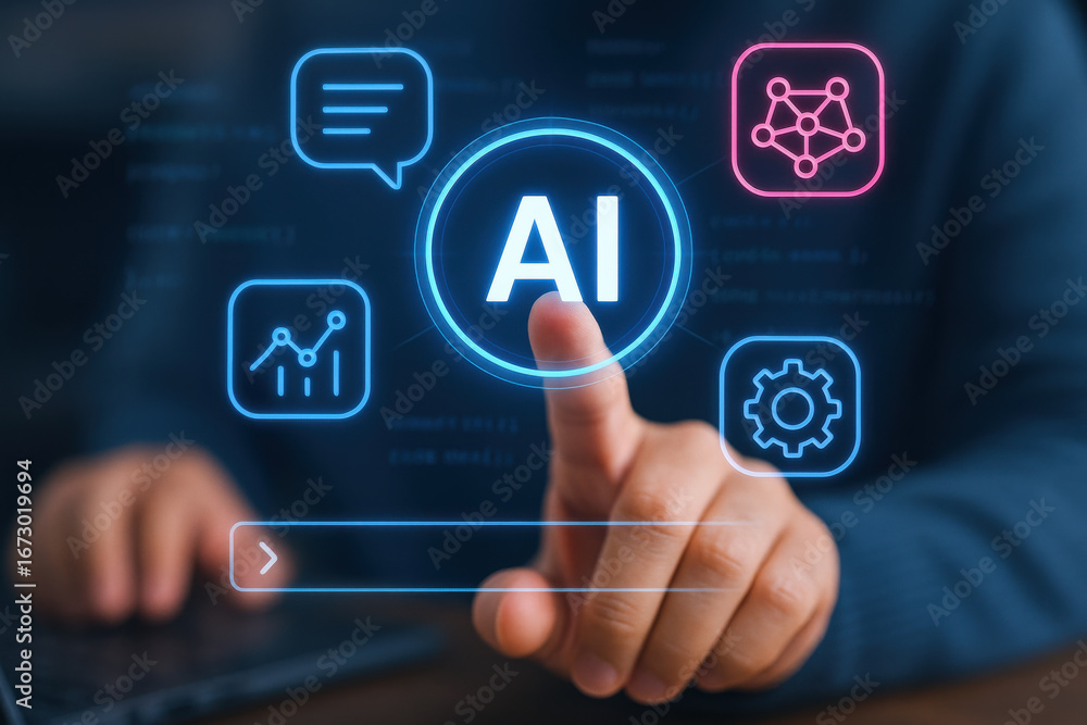 Poster artificial intelligence technology concept with finger pointing on ai icon