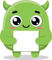 Cheerful Green Monster Holding Blank Sign.