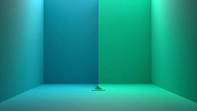 An Abstract Geometric Scene Showcasing a Single Small Pyramid Illuminated by Dramatic Uplighting Creating a Moody Ambiance with Teal and Green Hues