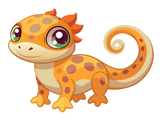Cartoon gecko isolated on white background, with a cute and friendly expression and a spotted orange and yellow skin