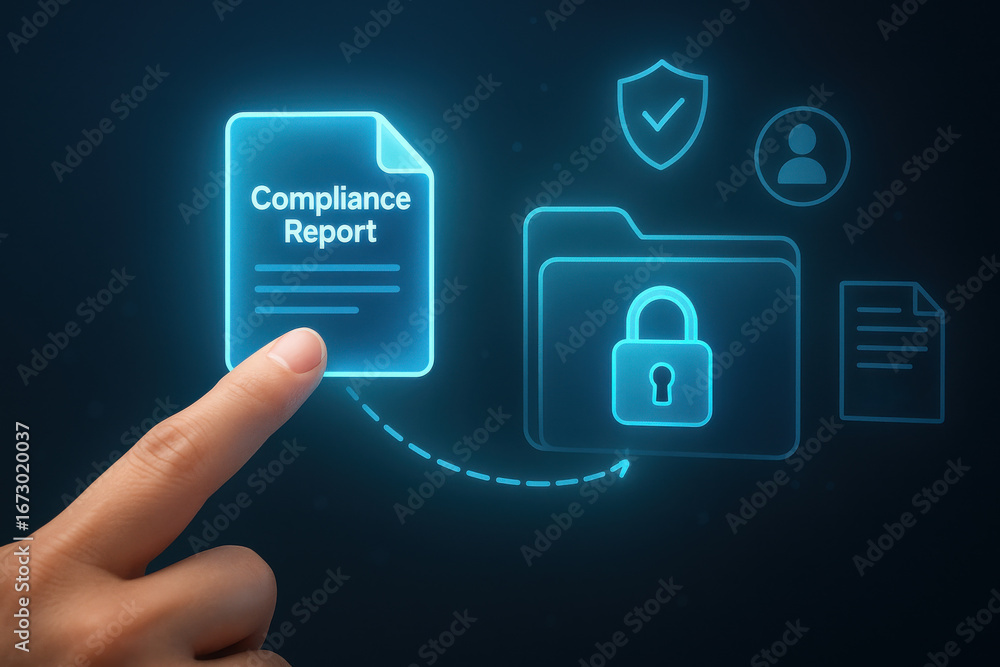 Poster compliance report document with security folder and lock icon concept