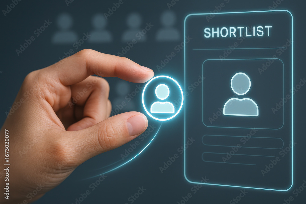 Poster hand holding user icon with shortlist concept for recruitment and selection process