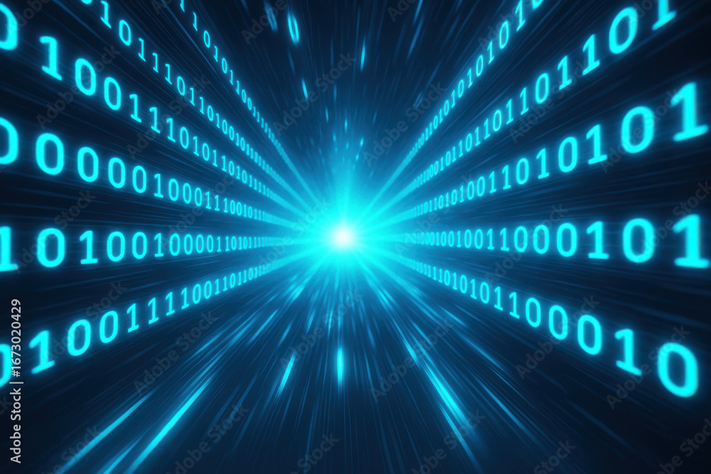 Poster binary code data streams converging toward bright light, symbolizing fast digital information