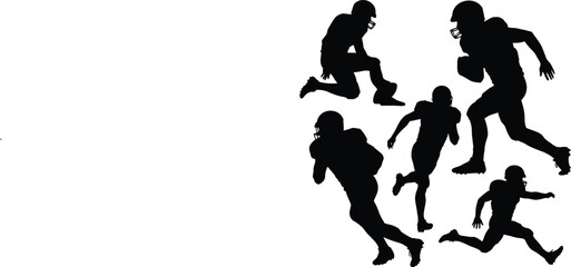 Dynamic Silhouettes of American Football Players in Action Running and Kneeling.