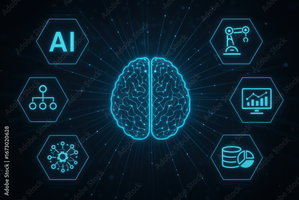 Poster artificial intelligence concept with glowing brain and technology icons on dark background