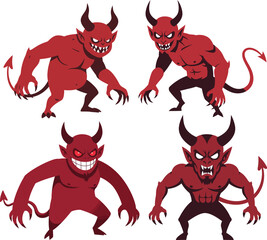 Four menacing red devils with horns claws and menacing expressions ready to strike, halloween theme.