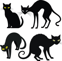Four Stylized Black Cat Silhouettes in Various Poses.