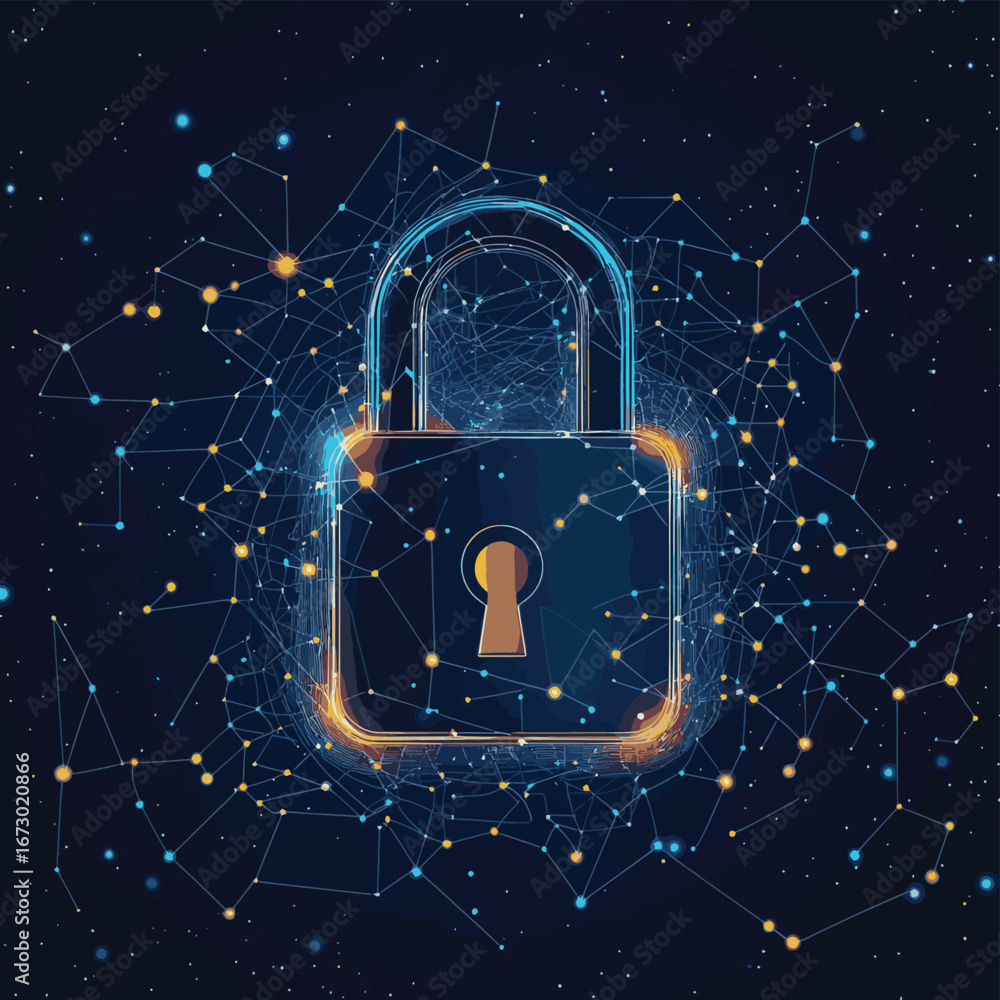 Poster cybersecurity concept with digital padlock surrounded by interconnected network points and glowing s