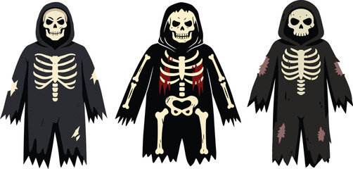 Three Grim Reaper Skeleton Costumes Intact Bloody and Torn.