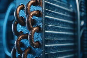 Close up of wet copper coils and aluminum fins in a modern air conditioning unit
