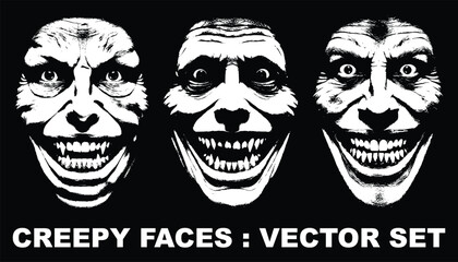 Three Creepy Monochrome Faces with Sharp Teeth and Wide Grinning Smiles.