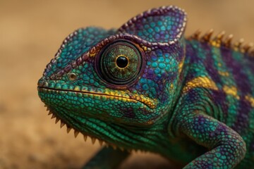 Fototapeta premium Detailed close up of a chameleon head with vibrant green, purple, and gold scales