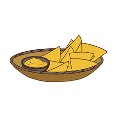 Yellow tortilla chips with cheese dip in a bowl vector
