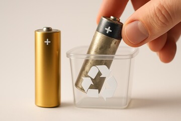 Hand disposing of used alkaline battery into recycling container for environmental protection