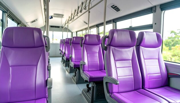 Interior of a bus with purple seats